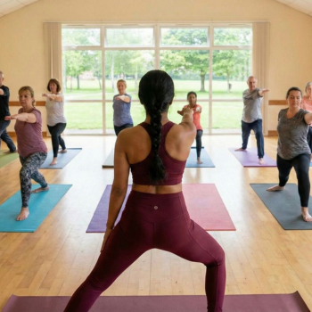 Group yoga class in a warrior pose, led by an instructor facing the group in a sunlit studio.